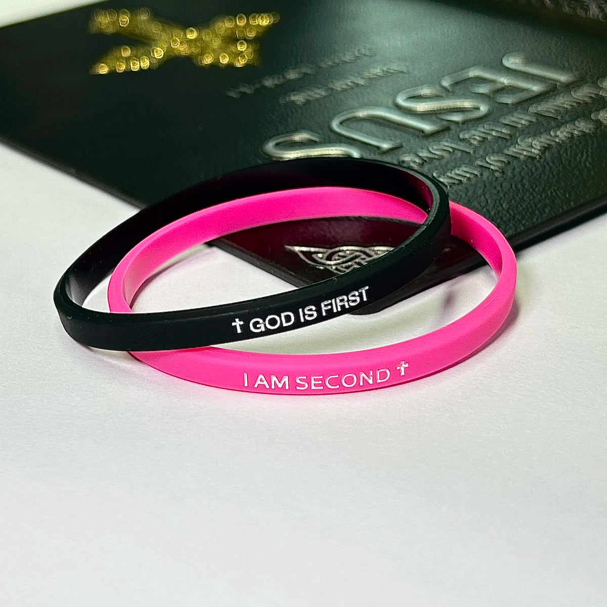 EWOPT 4 Pack Christian Silicone Bracelets - "God Is First I'm Second" Simple Engraved Logo Style, Interchangeable Black & White Bands, Mix & Match Scripture Wristbands, Faith Statement Bracelets & Bangles Gift Set for Men, Women Teens