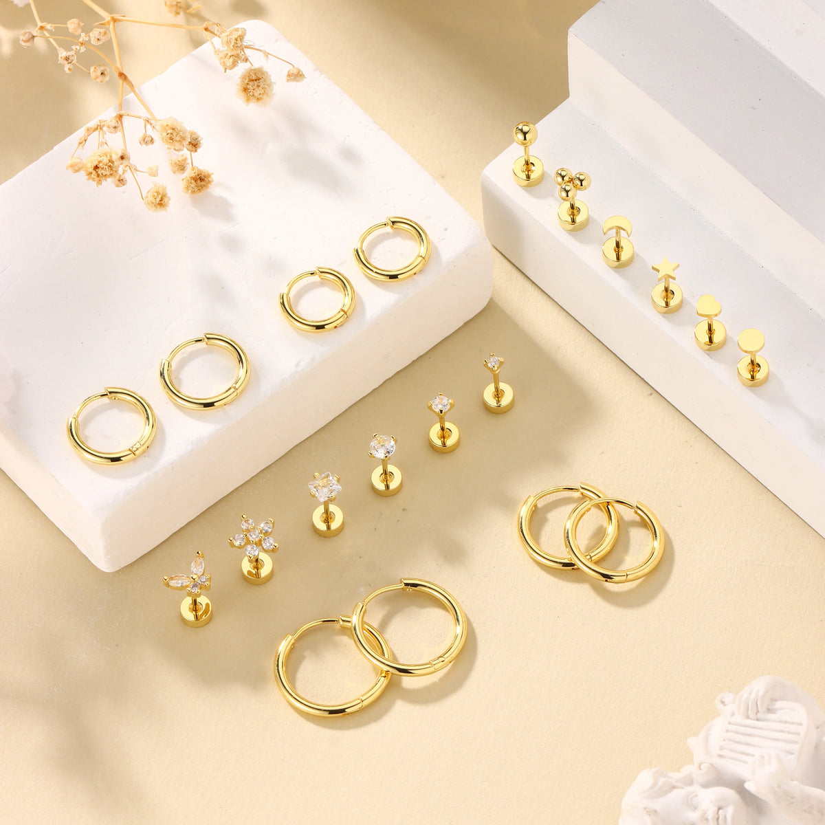 MILAKA 20G Hypoallergenic Surgical Steel Flat Back Post Earrings - Gold Dipped Hoop Studs with Pearls, CZ, Turquoise To Match, for Women's Cartilage Helix/Multiple Piercings, Subtle Glam for Daily Wear, Comfortable Jewelry Set, Studs, Pearls, Cz, Turquois