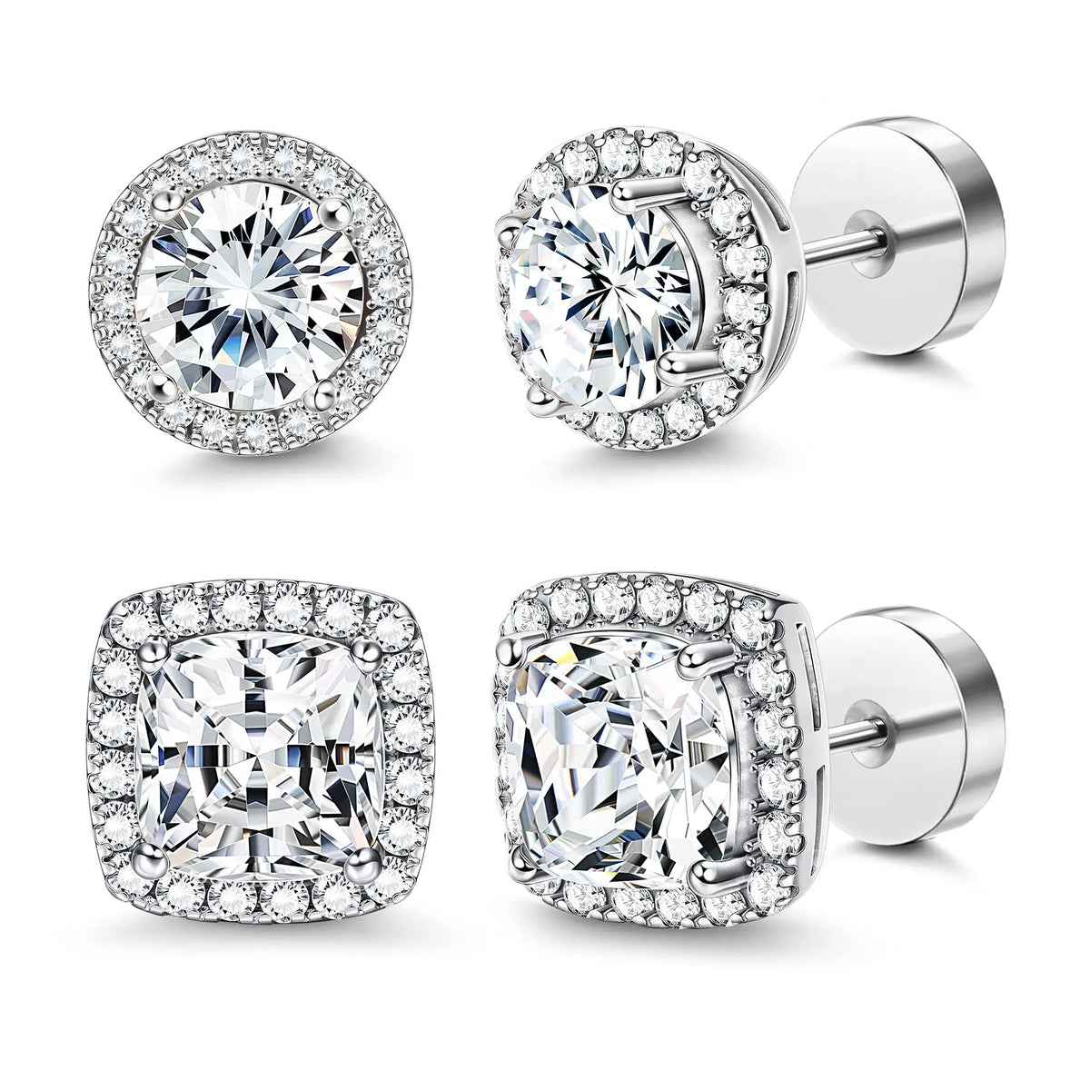FASACCO Unisex 7mm Flat Back Cubic Zirconia Stud Earrings - Geometric Round/Square, Nickel-Free Metal, AAA+ CZ Shine, Durable Costume Jewelry, Fashion Studs, Men's Earrings for Daily Wear sohochic