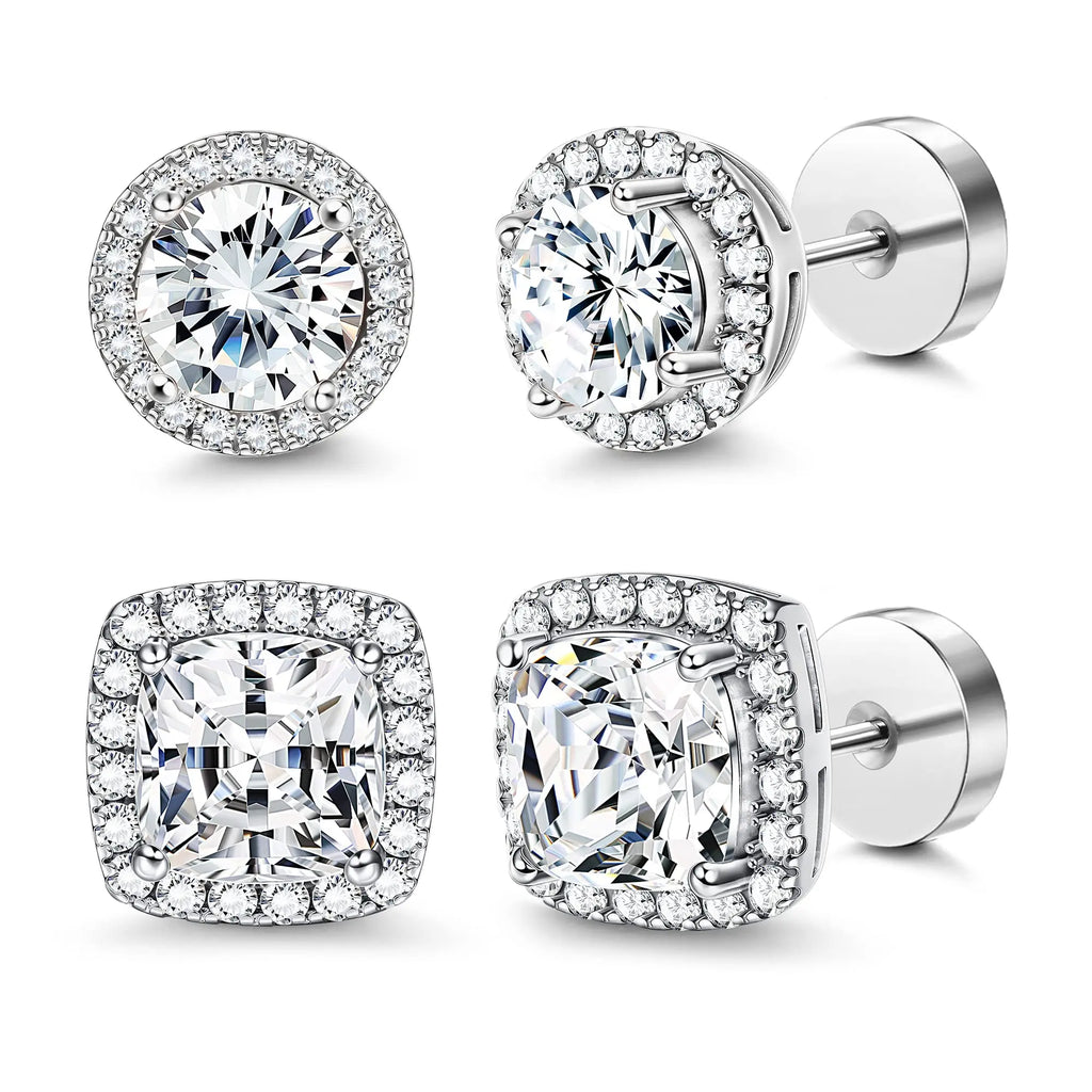 FASACCO Unisex 7mm Flat Back Cubic Zirconia Stud Earrings - Geometric Round/Square, Nickel-Free Metal, AAA+ CZ Shine, Durable Costume Jewelry, Fashion Studs, Men's Earrings for Daily Wear sohochic