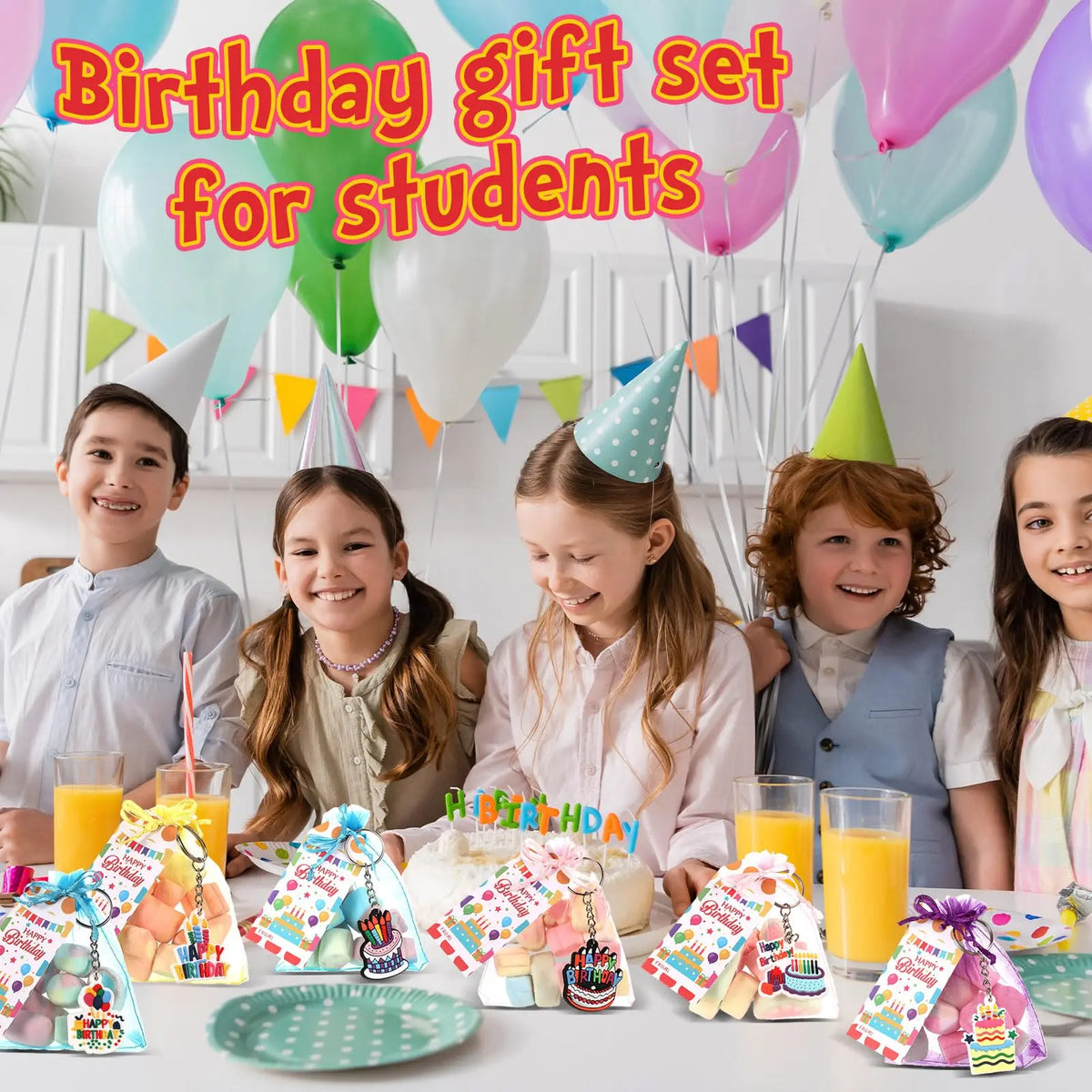 Gejoy 24 Set Packing-Free Birthday Gift Bags Sets Classroom Birthday Party Favors for Students Bulk Birthday Gifts for Whole Class Keychain Gift Set with Tags Organza Bags 4th of July Gifts Idea Classroom Reward Gifts Idea School Party Goodie Bag Stuffers