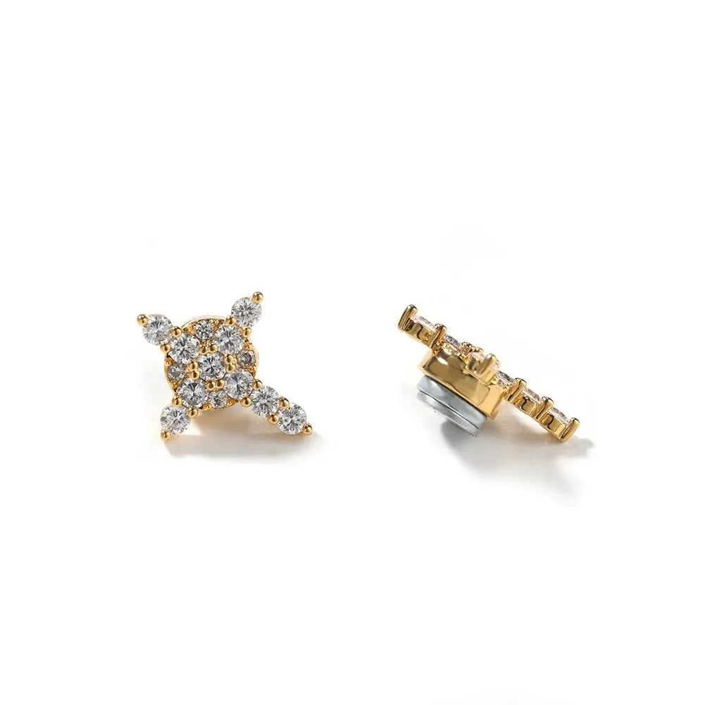 Unisex 14K Plated Snowflake & Cross Motif Magnet Earrings with Gold Zirconia - Fake Piercing Style, No Ear Piercing Required, Fashion Chic Accessories for Women, Men's Costume Jewelry Gift