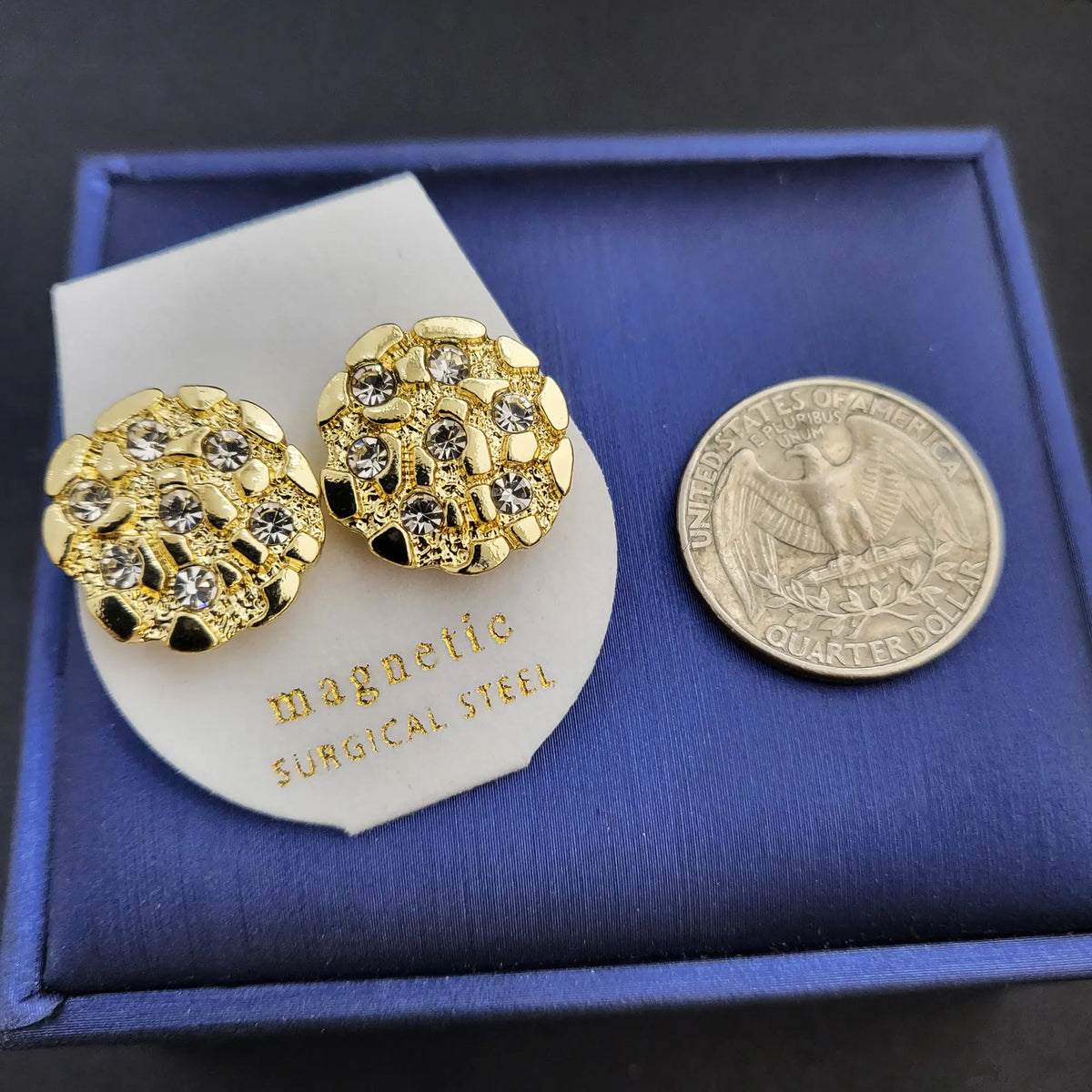 MaxBling81 Iced Gold-Plated Cubic Zirconia Nugget Chunky Statement Earrings - Unisex Hip Hop Magnetic Studs for Adults, Trendy Jewelry, Streetwear Shine, Small/Large Sizes, Artificial Gemstone Accessories