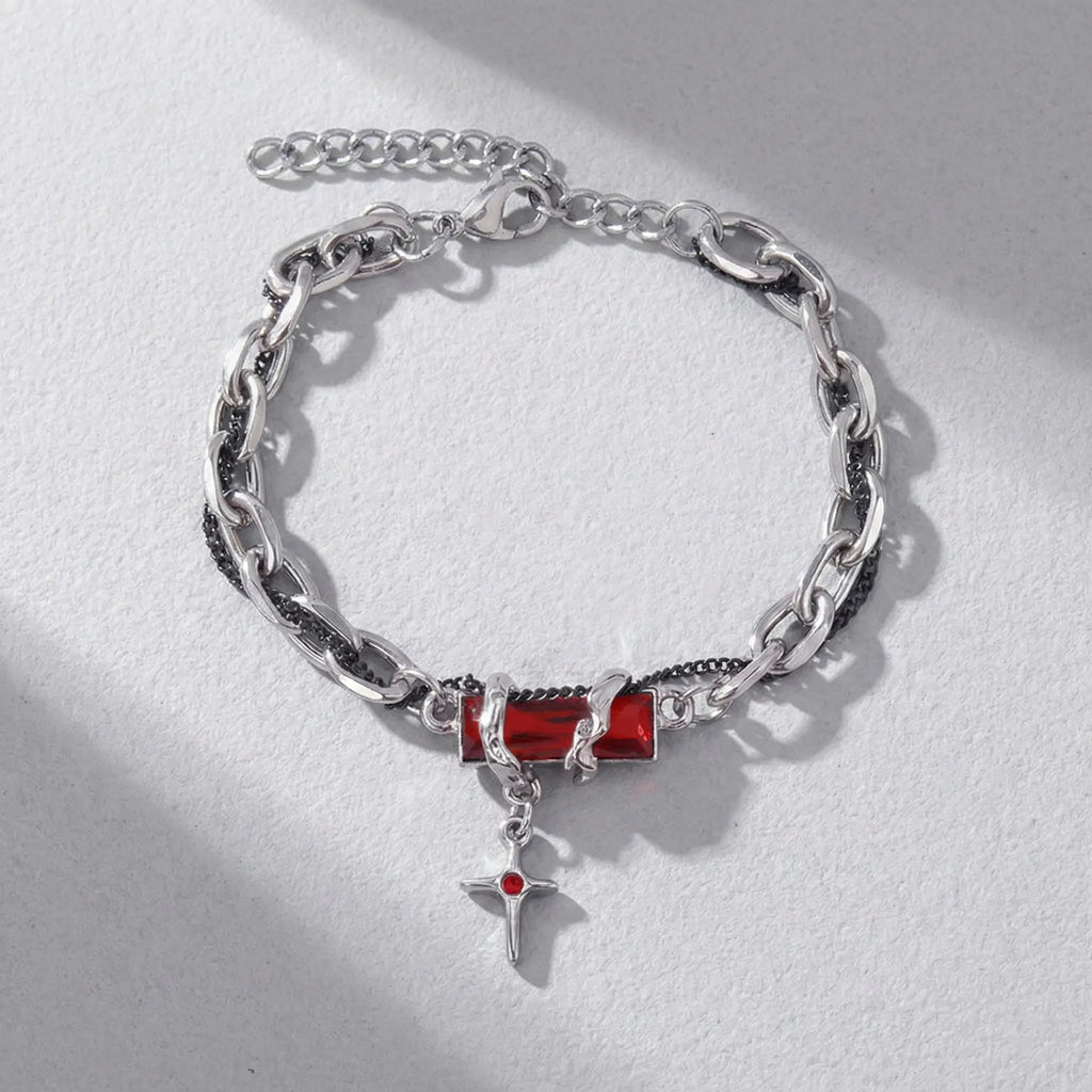 Punk Style Cross Bracelet - Silver-Tone Chain with Black Stone, Exquisite Trendy Fashionable Chain Bracelets, Men's Accessories for Adults, Vintage Aesthetic Costume Jewelry