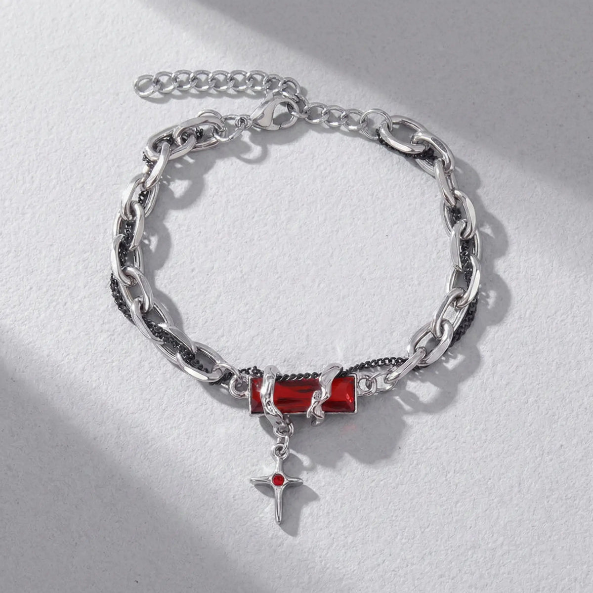 Punk Style Cross Bracelet - Silver-Tone Chain with Black Stone, Exquisite Trendy Fashionable Chain Bracelets, Men's Accessories for Adults, Vintage Aesthetic Costume Jewelry