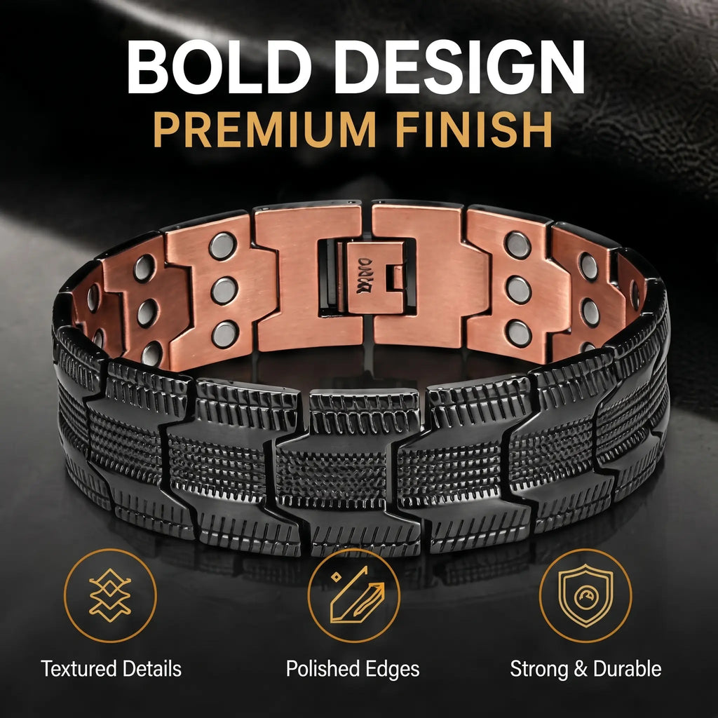 Feraco 99.99% Pure Copper Bracelet for Men - Masculine Tyre Tread Pattern, 3X Strength Magnetism, Adjustable Links, Fashionable Men's Accessories, Daily Wear Father's Day Gift, Dimensions-Inclusive Bangle,sohochic