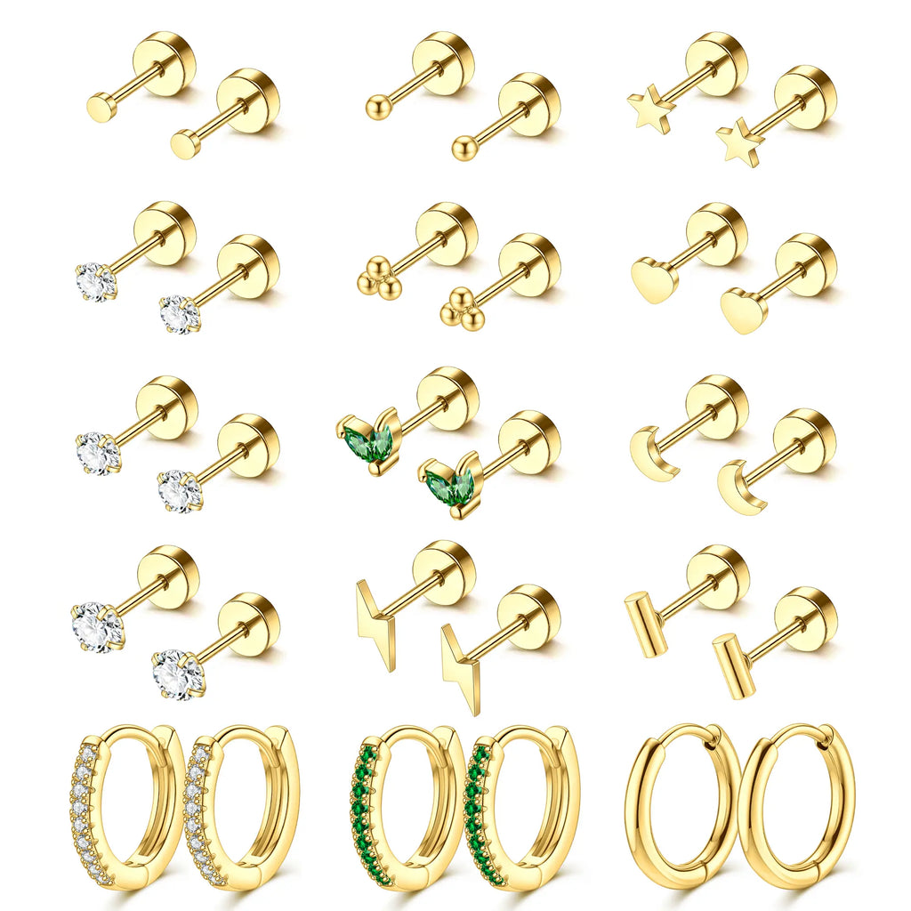 MILAKA 20G Hypoallergenic Surgical Steel Flat Back Post Earrings - Gold Dipped Hoop Studs with Pearls, CZ, Turquoise To Match, for Women's Cartilage Helix/Multiple Piercings, Subtle Glam for Daily Wear, Comfortable Jewelry Set, Studs, Pearls, Cz, Turquois