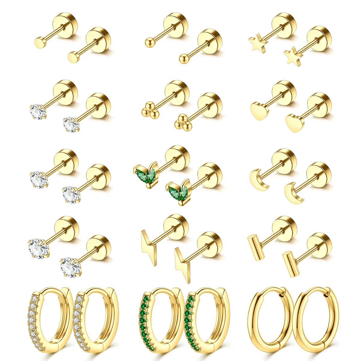 MILAKA 20G Hypoallergenic Surgical Steel Flat Back Post Earrings - Gold Dipped Hoop Studs with Pearls, CZ, Turquoise To Match, for Women's Cartilage Helix/Multiple Piercings, Subtle Glam for Daily Wear, Comfortable Jewelry Set, Studs, Pearls, Cz, Turquois