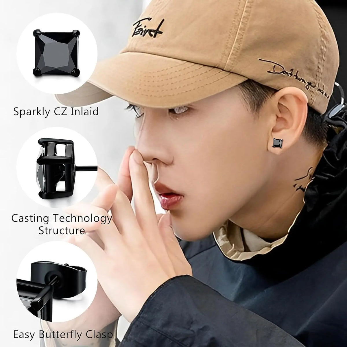 BESTEEL Hypoallergenic CZ Black Stud Earrings for Men & Women - Stainless Steel studearrings, Square Round Shape, Sensitive Ear Jewelry Set, Model 3-8MM accessories men