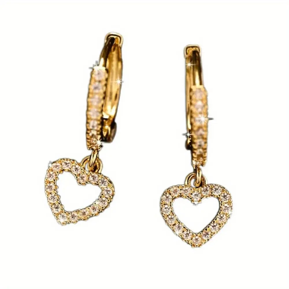 1 Pair Golden Cubic Zirconia Earrings Luxurious Women Charm Heart Drop Dangle Earrings Wedding Engagement Party Jewelry Birthday Valentine'S Day Gifts