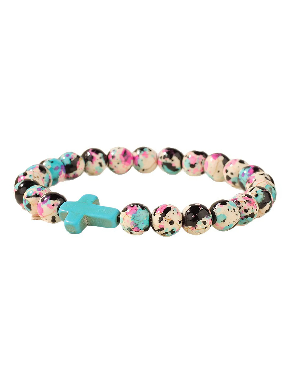 Natural Stone Rain Flower Beaded Bracelet, Turquoise Cross Pendant Accessory, Bohemian Style Bracelet, Faith Themed Christian Jewelry, Faith Wear Jewelry, Inspirational Bracelet