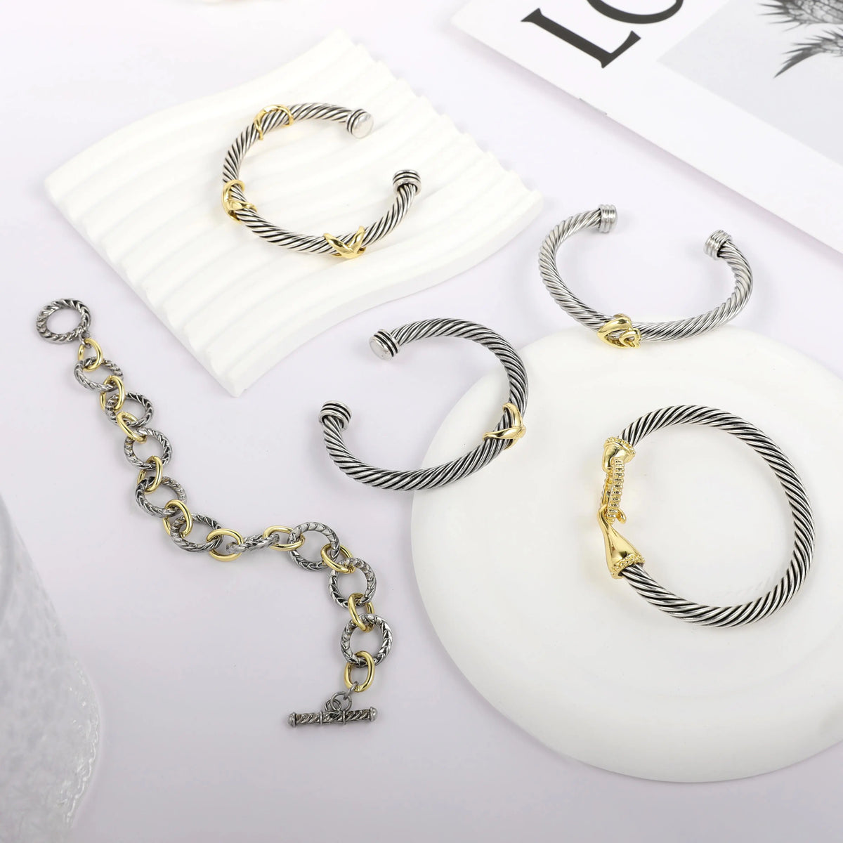 Aprilery 5PCS Stackable Twisted Cable Bracelet Set – Adjustable Two-Tone Cuff & Chain Link Design Jewelry Perfect Mother's Day Gift