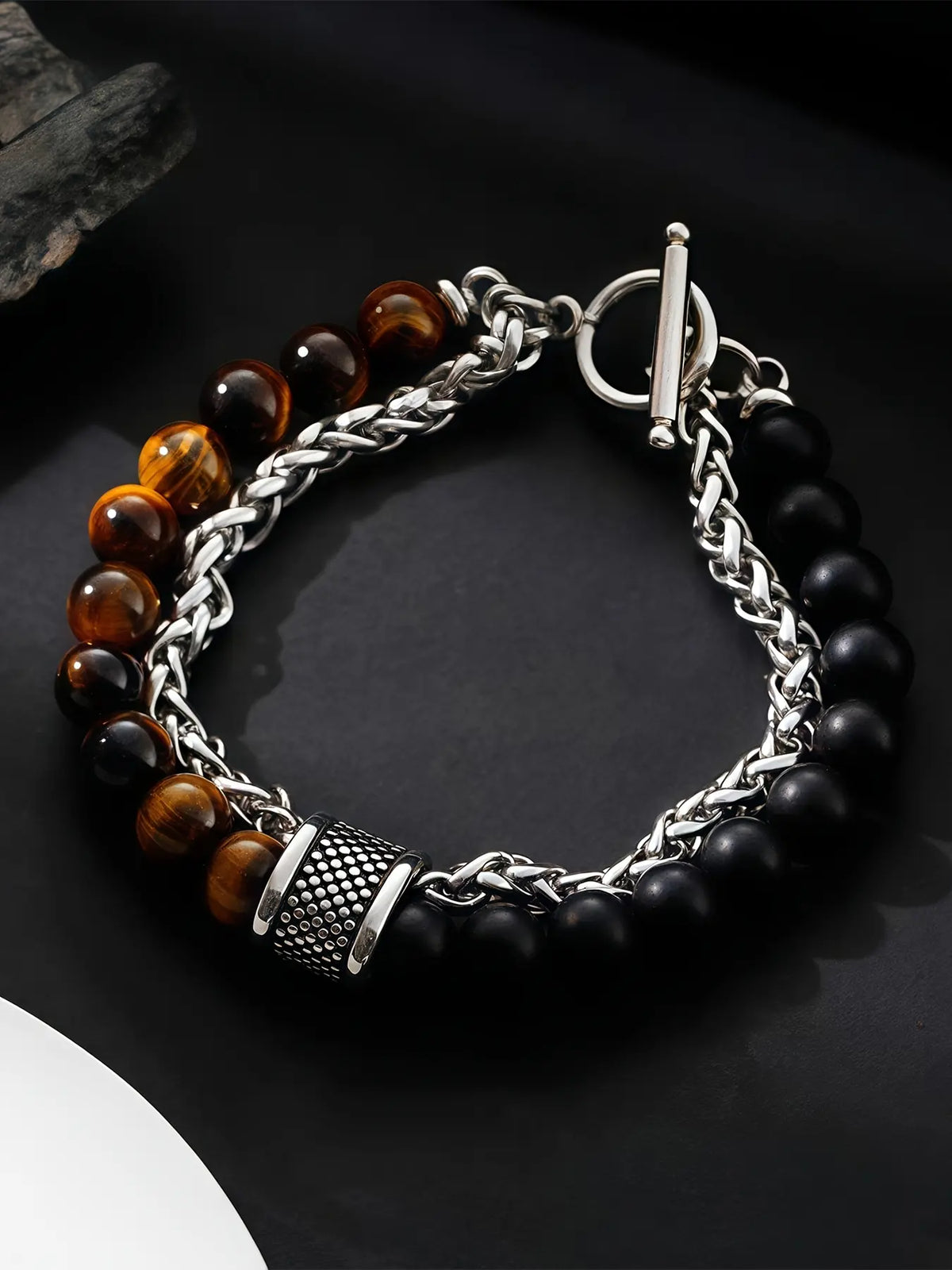 Men's Punk Style Jewelry Beaded Bracelet with Artificial Tiger Eye Stones, Casual Style Leather Ot Clasp, Perfect for Daily Wear & Gifts, Exquisite Bracelet, Jewelry Bracelets