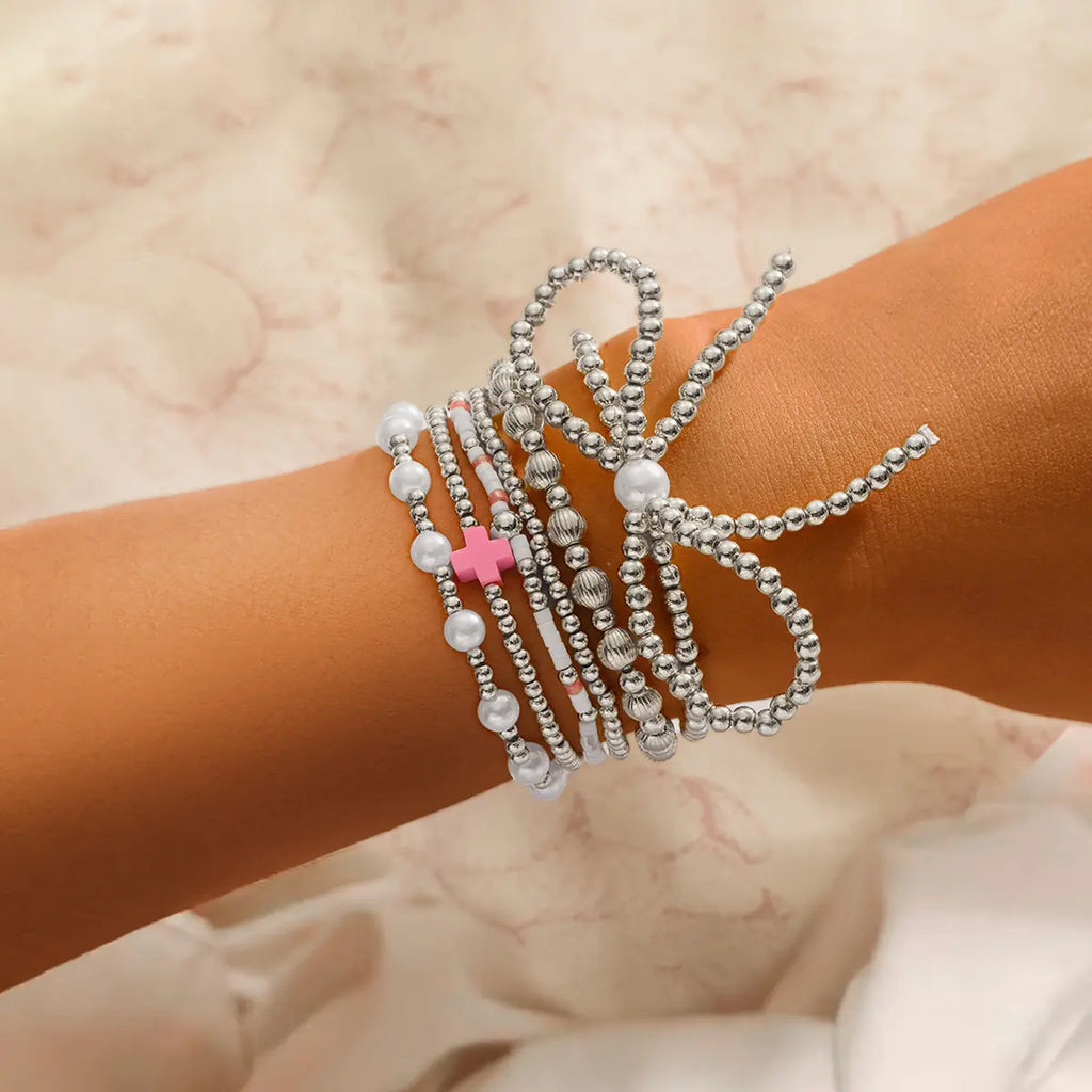 6Pcs Stylish Bohemian Resin Bow Cross Elastic Bracelets for Women - Golden-Tone Beads Accents, Casual Attire & Party Bracelets Accessories, Year-Round Fashion, Yearround Wear | Chic Appearance | Embellishments, Jewelry Gift