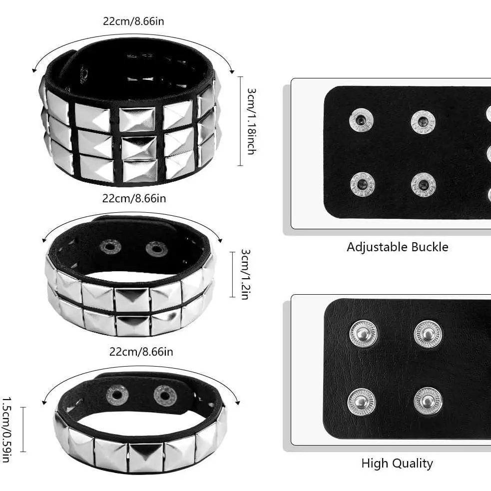 3-Pack Adjustable Studded Leather Stack Bracelets with Slider, Punk Style Jewelry for Men, Alternative Men's Accessories for Parties (Festive & Party Supplies)