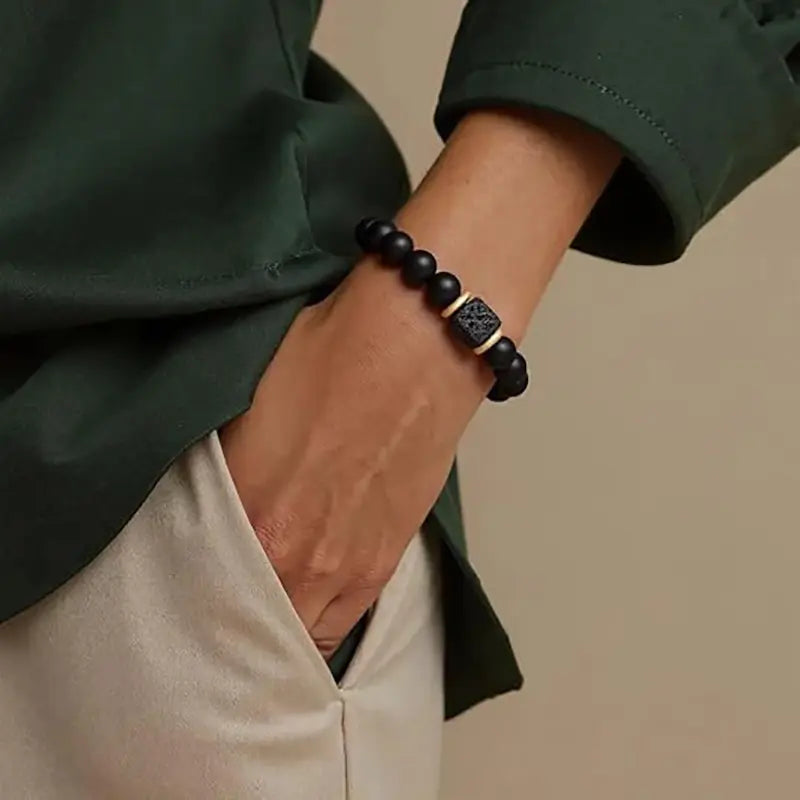1Pcs Elastic Adjustable Mens Bracelet - 8mm Black Onyx & Lava Stone Beads Bracelets Jewelry  for Men, Beads Charm Bracelet with Elastic Cord, Birthday  for Him Dad Husband gift accessory