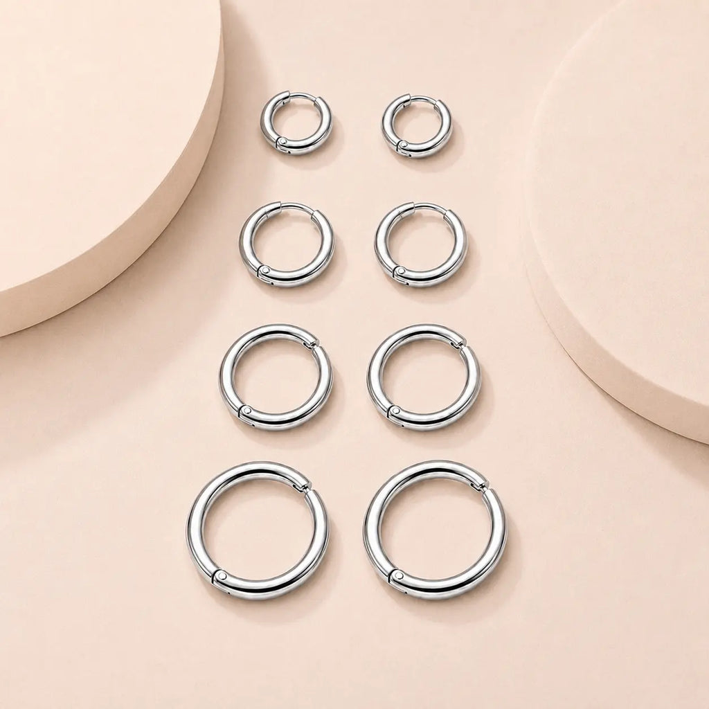 Women's & Men's Accessories 4-Pair Classic 316L Surgical Steel Silver Hypoallergenic Huggie Hoop Earrings, Ideal for Cartilage Piercings & Layering (8mm,10mm,12mm,14mm)
