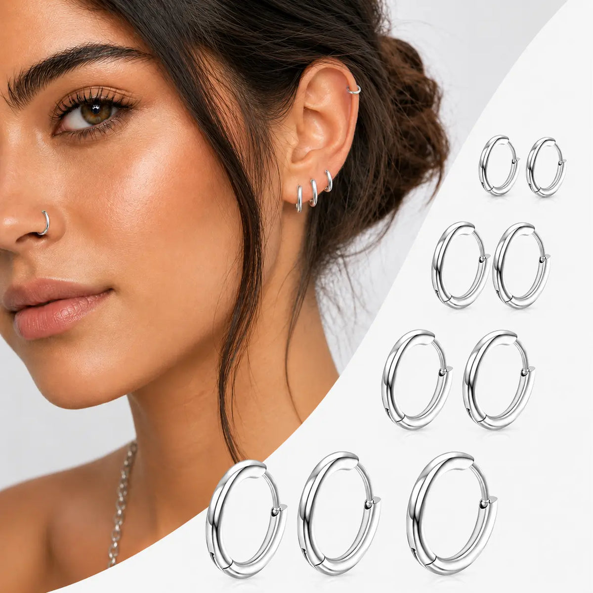 Women's & Men's Accessories 4-Pair Classic 316L Surgical Steel Silver Hypoallergenic Huggie Hoop Earrings, Ideal for Cartilage Piercings & Layering (8mm,10mm,12mm,14mm)