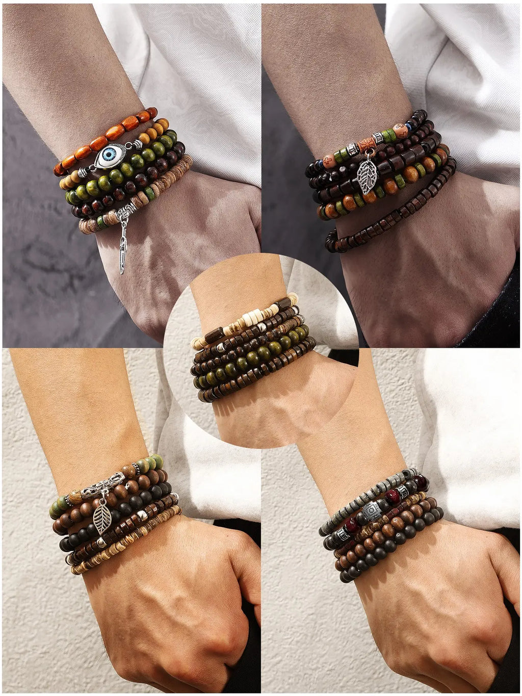 25-Piece Ethnic Wood Bead Bracelet Combination Set, Neutral Vintage Stackable Wristbands, Bohemian Jewelry for Women and Men, Beaded Bracelet Sets