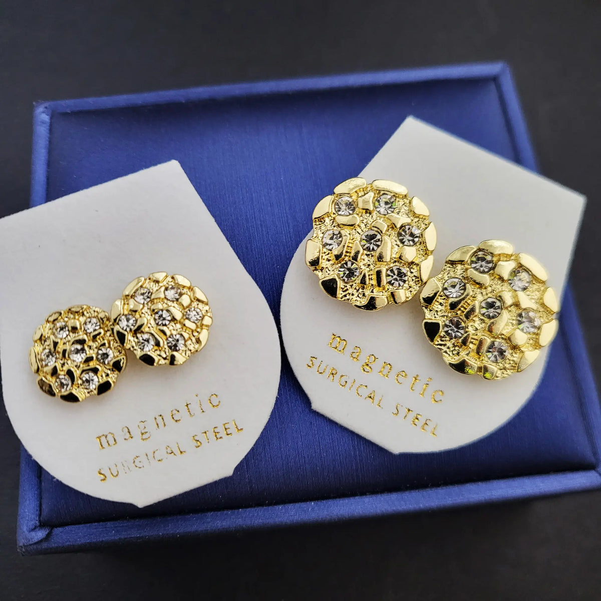 MaxBling81 Iced Gold-Plated Cubic Zirconia Nugget Chunky Statement Earrings - Unisex Hip Hop Magnetic Studs for Adults, Trendy Jewelry, Streetwear Shine, Small/Large Sizes, Artificial Gemstone Accessories