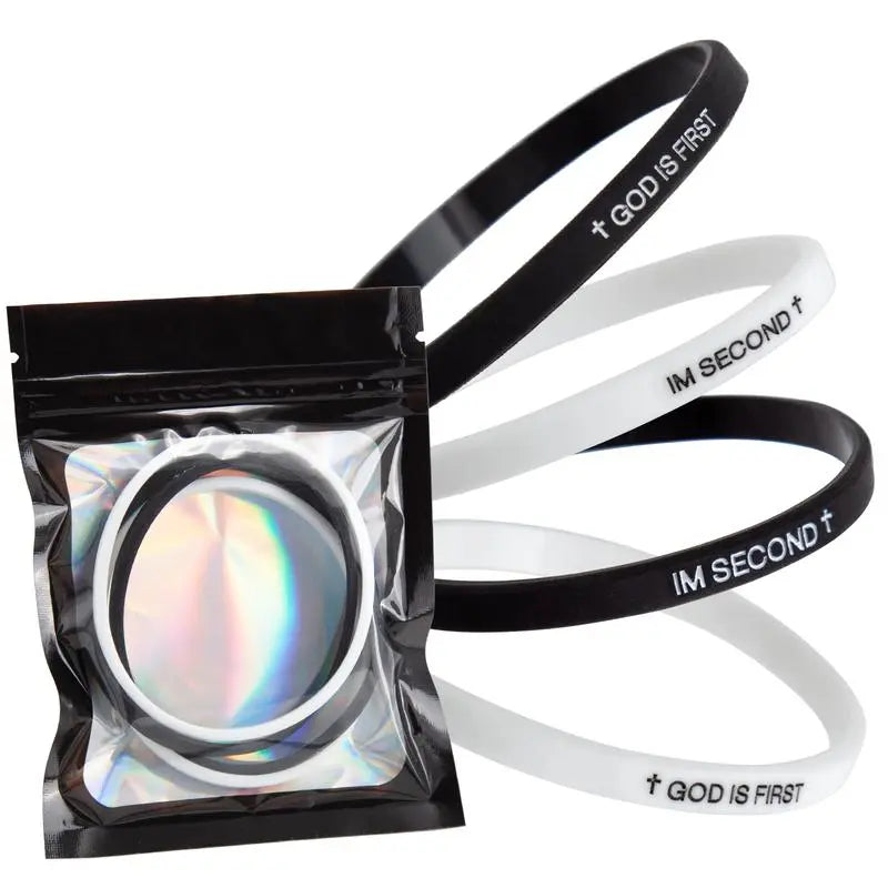 EWOPT 4 Pack Christian Silicone Bracelets - "God Is First I'm Second" Simple Engraved Logo Style, Interchangeable Black & White Bands, Mix & Match Scripture Wristbands, Faith Statement Bracelets & Bangles Gift Set for Men, Women Teens