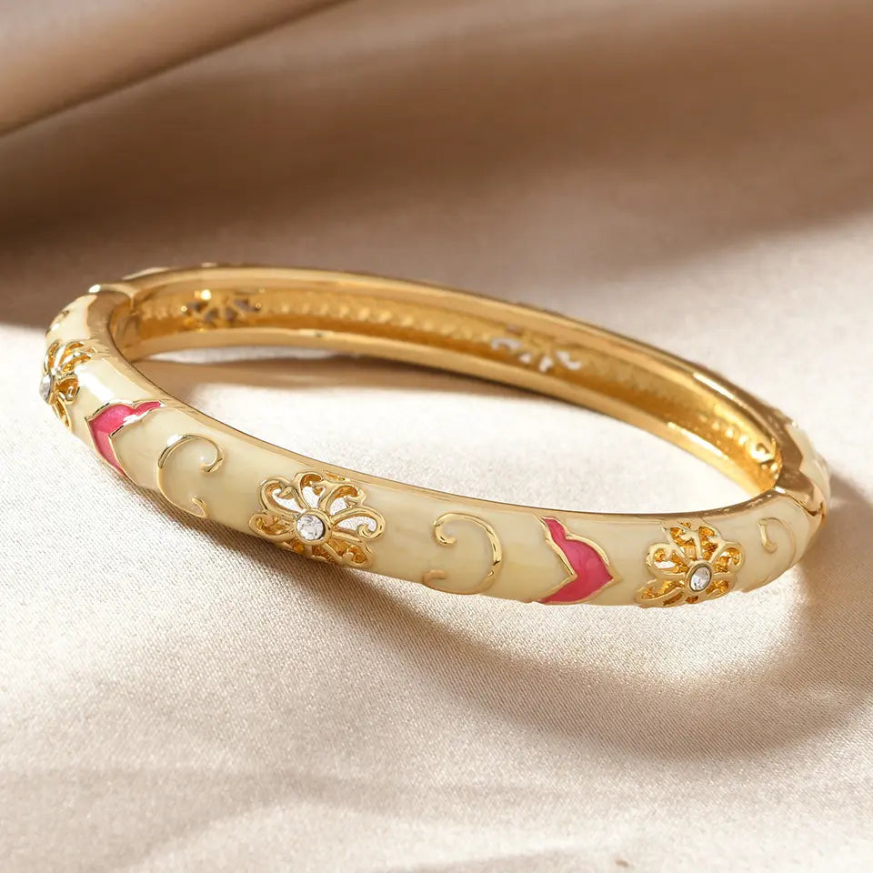Women's Vintage Floral Enamel Bangle - Gold-Tone Cubic Zirconia Bracelet with Bling Effect, Gold Aesthetic Wrist Stack Accessory, Vintage Things for Party & Daily Wear, Ideal Women's Gift,sohochic