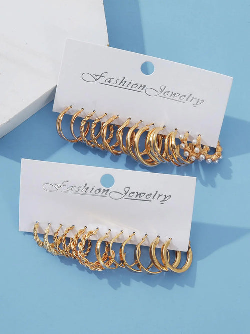 12 Pairs Mixed Shape Elegant Faux Pearls Decorated Hoop Earrings Set, Earring Pack, Ear Hoops, Alloy Twist Decor Hoop Earrings, Fashion Accessories for Women & Girls, Fashionable Jewelry, Trendy Jewelry