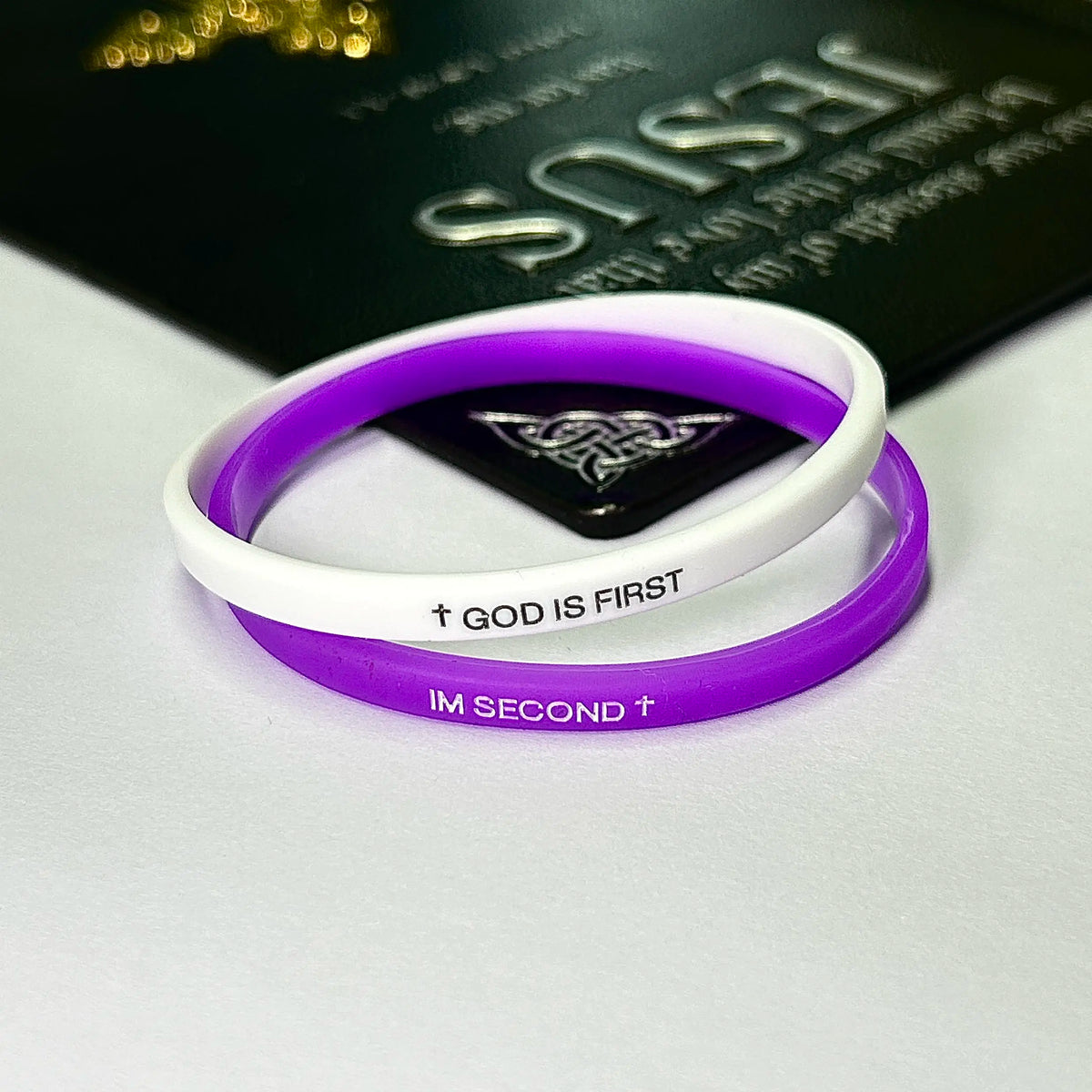 EWOPT 4 Pack Christian Silicone Bracelets - "God Is First I'm Second" Simple Engraved Logo Style, Interchangeable Black & White Bands, Mix & Match Scripture Wristbands, Faith Statement Bracelets & Bangles Gift Set for Men, Women Teens