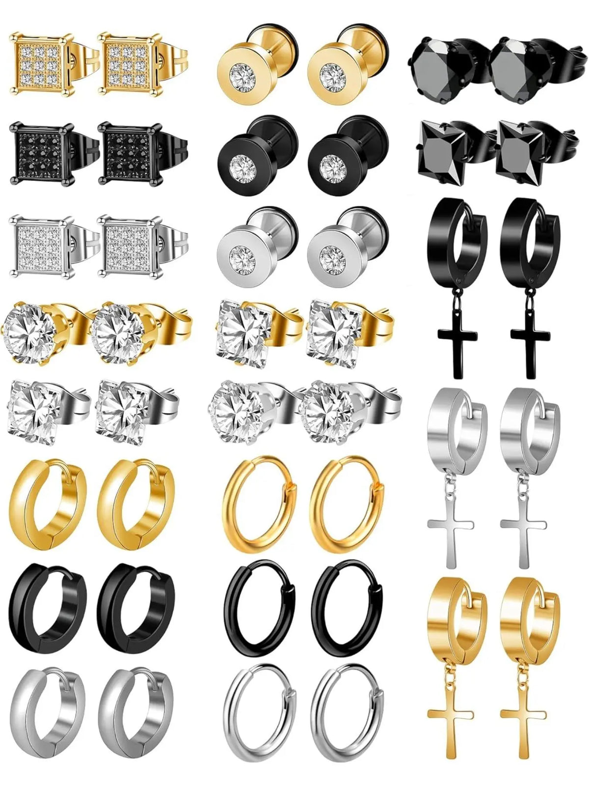 Rhinestone Earring Stacking Set for Women & Men, Punk Cross Dangle, Hoop & Stud Styles, Sparkling Multi-Piece Ear Jewelry Set