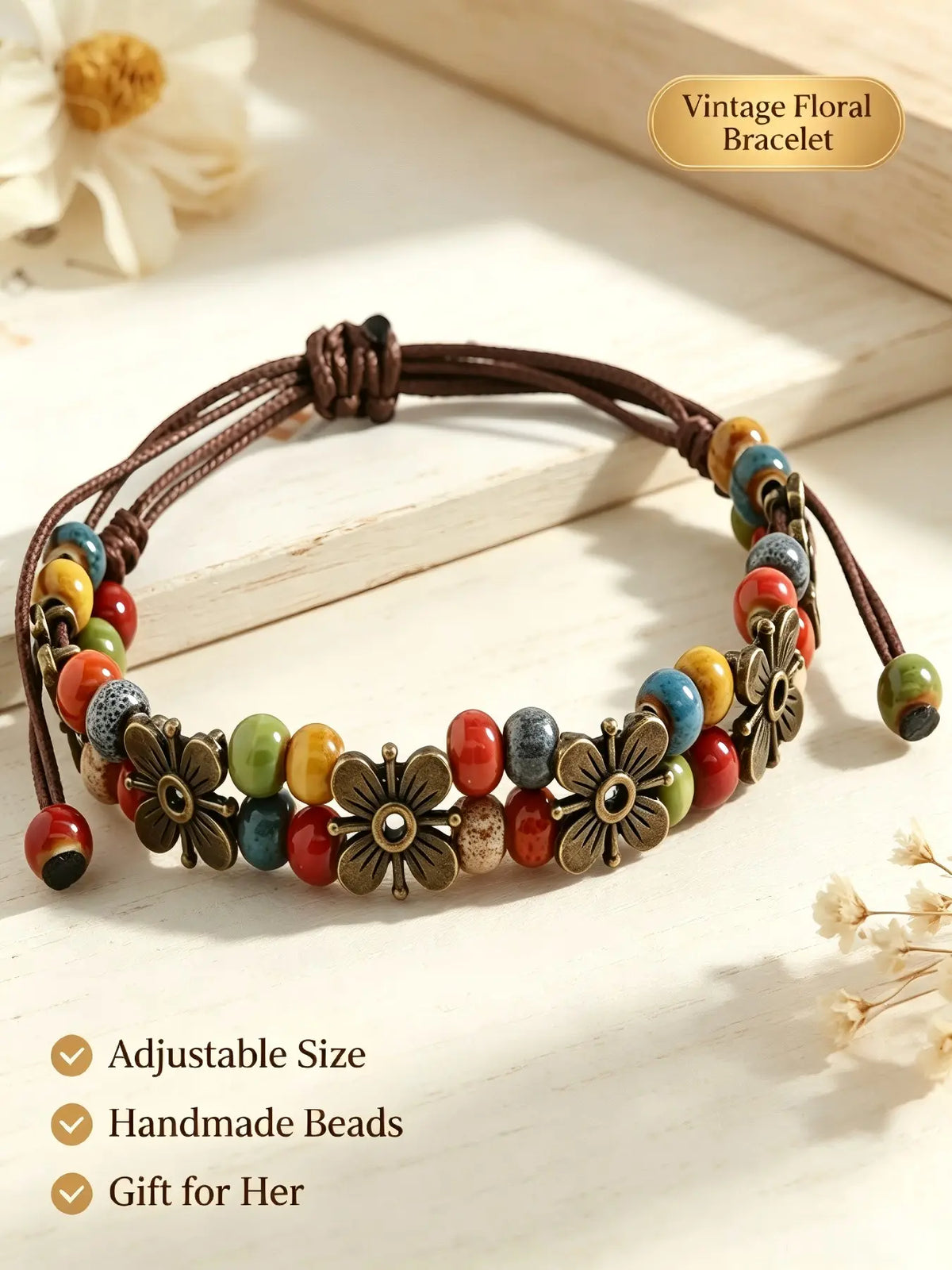 1Pc Boho Vintage Adjustable Wax Rope Bracelet, Colorful Ceramic Beads Antique Metal Flower Charms Handmade Wrist Jewelry Gift For Women Daily Matching Fashion Creative Jewelry