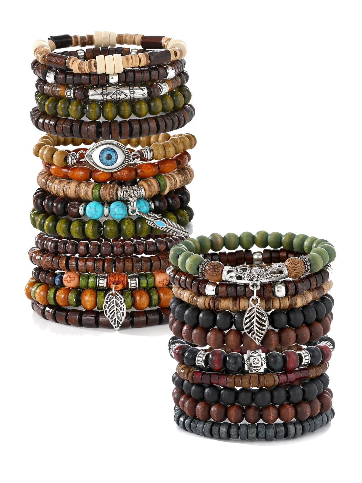 25-Piece Ethnic Wood Bead Bracelet Combination Set, Neutral Vintage Stackable Wristbands, Bohemian Jewelry for Women and Men, Beaded Bracelet Sets