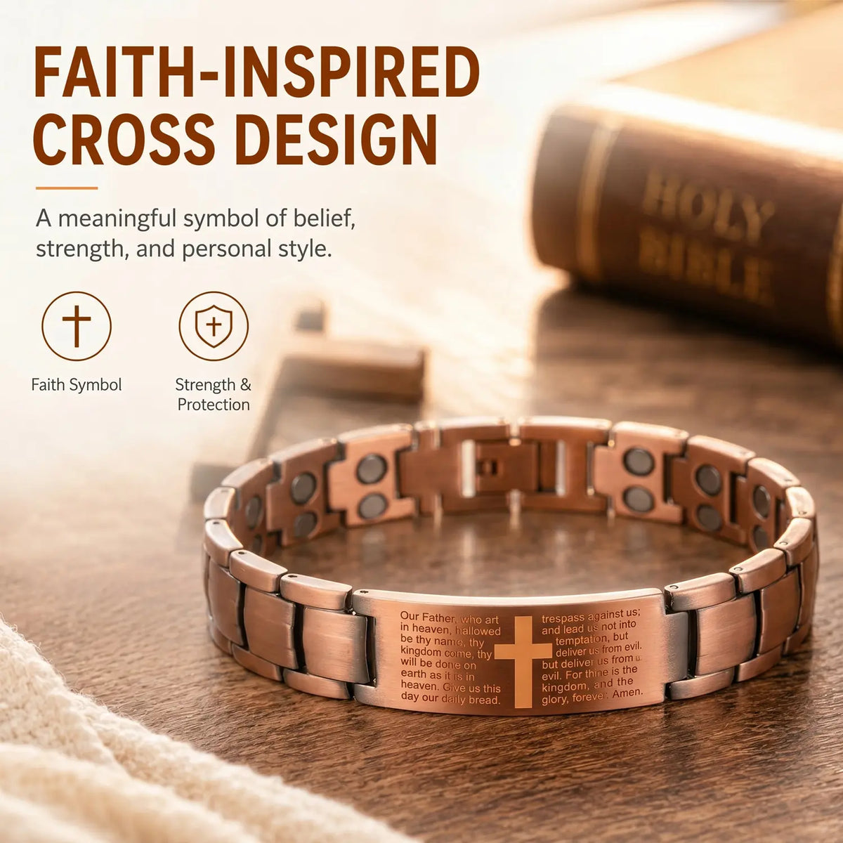 Copper Magnetic Therapy Bracelet for Men & Women - 3X Strong Magnet-Style Bracelets & Bangles with 3500 Gauss Neodymium Magnets, Metal Ring, Adjustable, Static Electricity Elimination, Casual/Formal Magnetic Field Therapy Cross Jewelry,sohochic