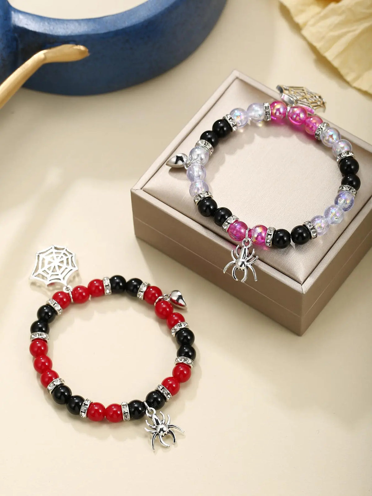 Fashion Spider & Net Design Charm Beaded Bracelet Set, Casual Simple Magnetic Heart Charm Jewelry for Party, Daily Clothing Decor, Adjustable Beaded Charm Bracelet, Beaded Bracelets Set