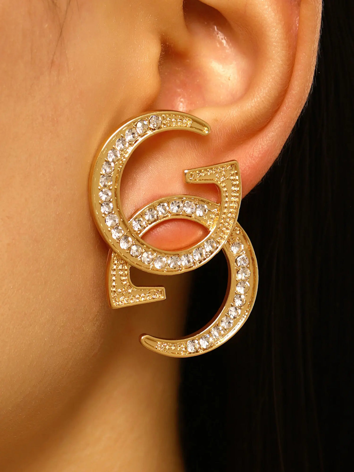 Luxurious Heavy Rhinestone Double G Letter Earrings Studs, Fashionable Earrings, Fashion Jewelry, Bold Large Size, Silver Color &, Vintage Style, Perfect for Parties