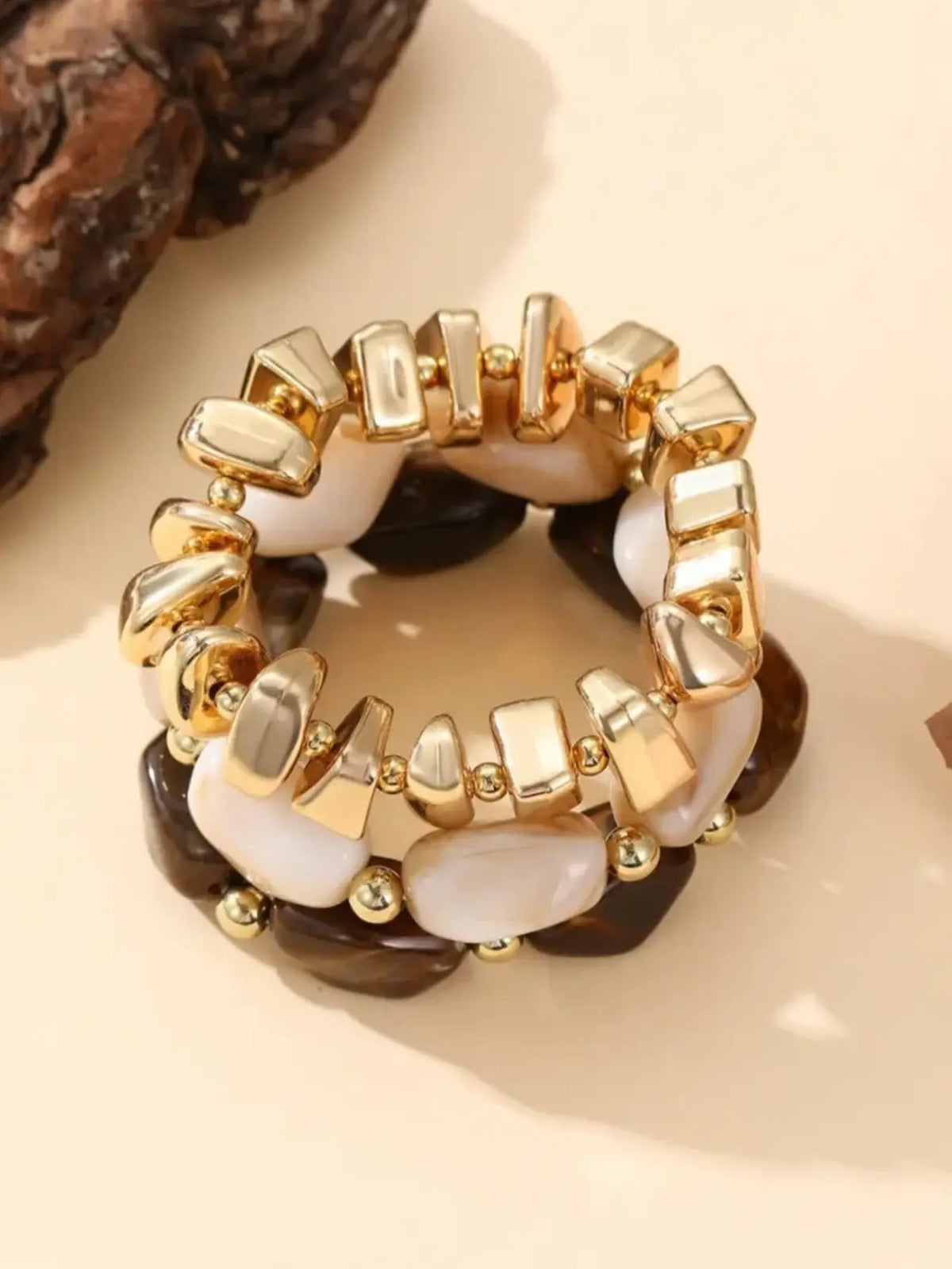 3-Piece Vintage Resin Beaded Bracelet Set, Handmade Color Block Design, Stackable Jewelry for Women, Casual Fashion Accessories, Resin Bangle Bracelet, Colorblock Bracelet, Bracelets Bangles, Beaded Bracelet Pack, Stacked Bracelets