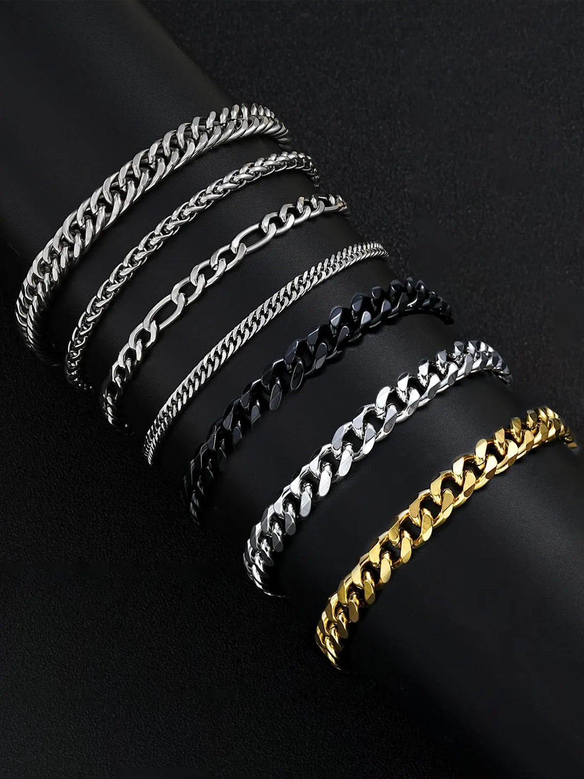 7-Piece Stainless Steel Men's Bracelet Set, Bracelet Combination Set, Bracelet Stack, Stacked Bracelets, Cuban Link Bracelet, Fashion Streetwear Hip-Hop Simple Cuban Chain, Daily Party Gift for Boyfriend Son Birthday Father's Day, Cuban Chain Bracelets