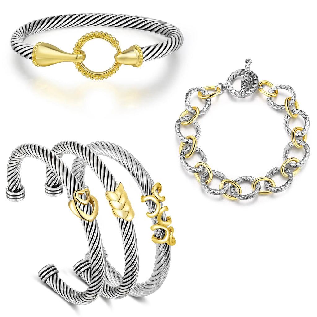 Aprilery 5PCS Stackable Twisted Cable Bracelet Set – Adjustable Two-Tone Cuff & Chain Link Design Jewelry Perfect Mother's Day Gift