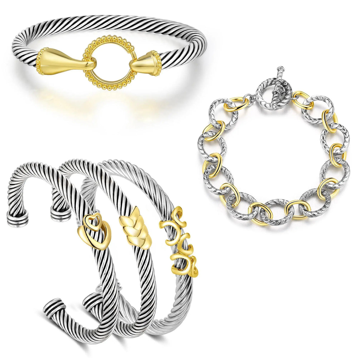 Aprilery 5PCS Stackable Twisted Cable Bracelet Set – Adjustable Two-Tone Cuff & Chain Link Design Jewelry Perfect Mother's Day Gift