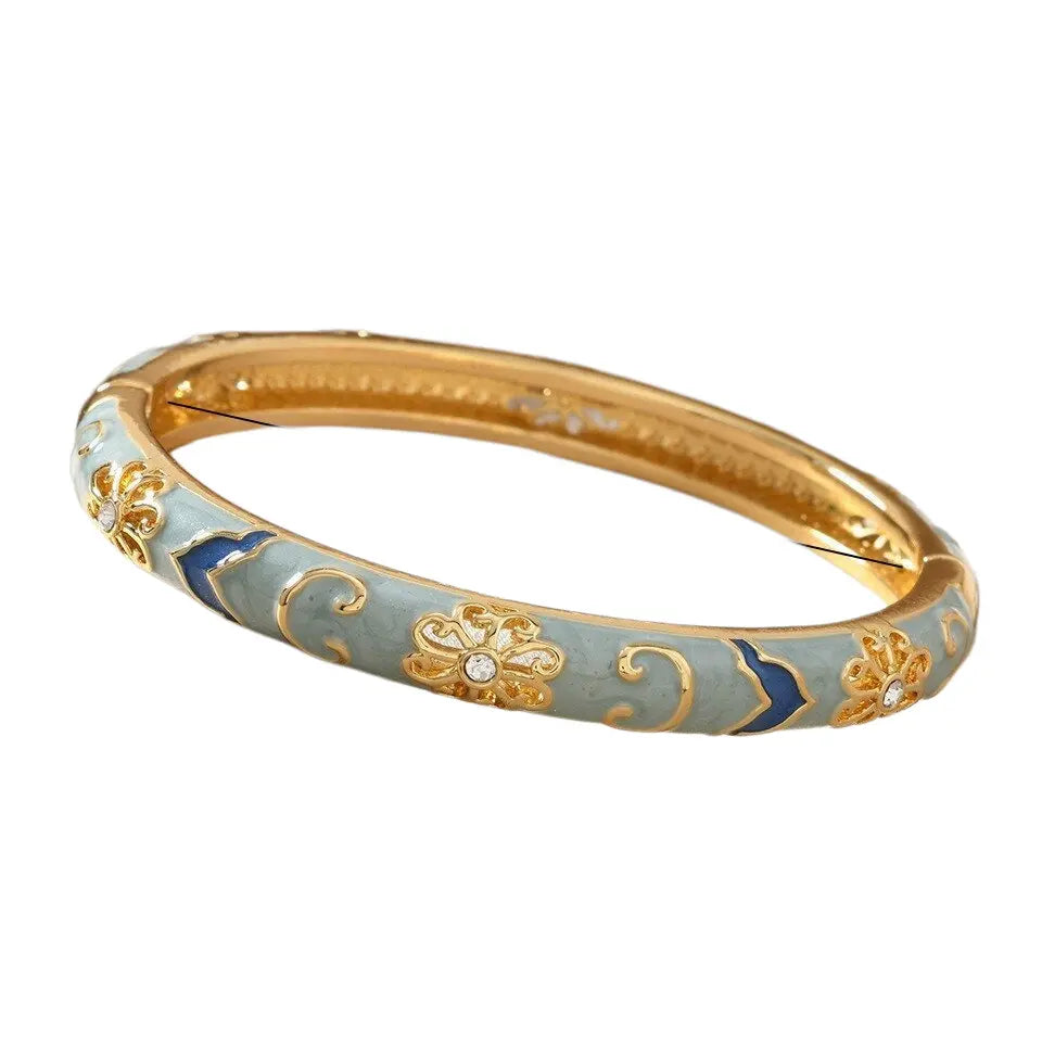 Women's Vintage Floral Enamel Bangle - Gold-Tone Cubic Zirconia Bracelet with Bling Effect, Gold Aesthetic Wrist Stack Accessory, Vintage Things for Party & Daily Wear, Ideal Women's Gift,sohochic