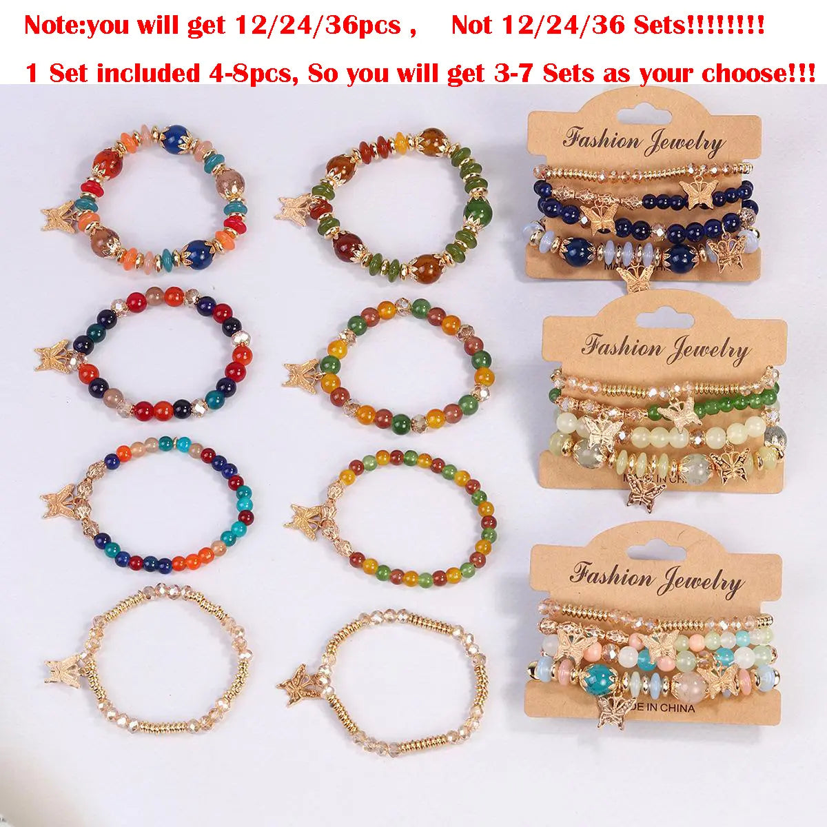 Women's Boho Charm Bracelets Set - 12/24/36pcs Mixed Color Glass Beads, Heart/Butterfly/Elephant Alloy Charms, Wrist Stack, All-Season Versatile, Accessories for Women, Valentine-day Pick, Gift-ready Set, Heart+Elephant Fun,sohochic