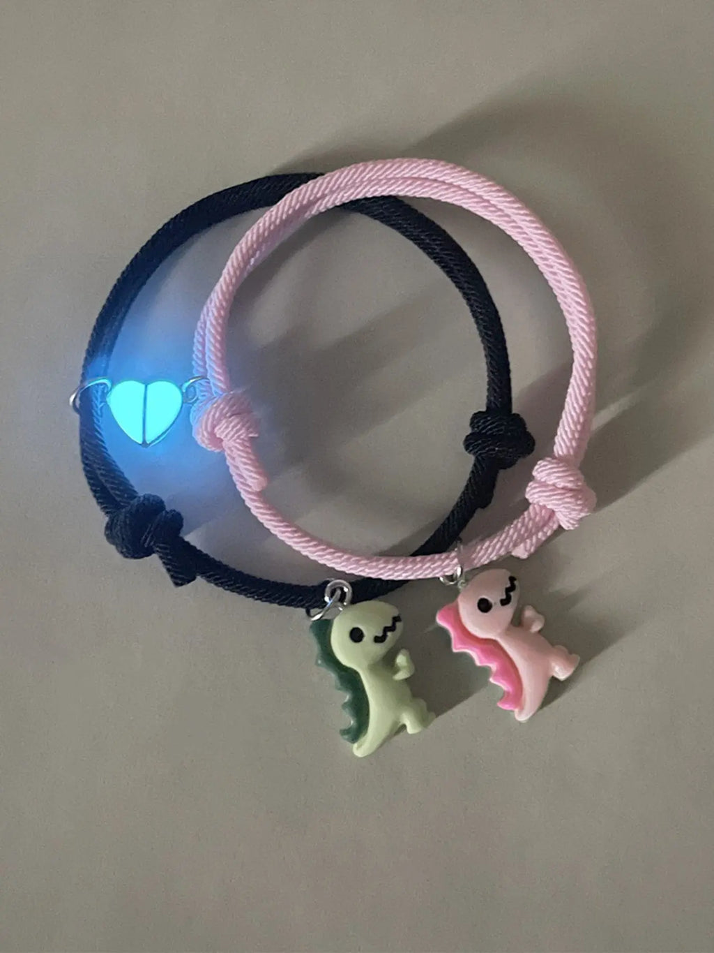 2 Pcs Glow-In-Dark Heart Dinosaur Pendant Couple Matching Bracelet, Cute Handmade Braided Wristband, Valentine's Day Gift, Anniversary Present, Jewelry, Bracelet for Couples