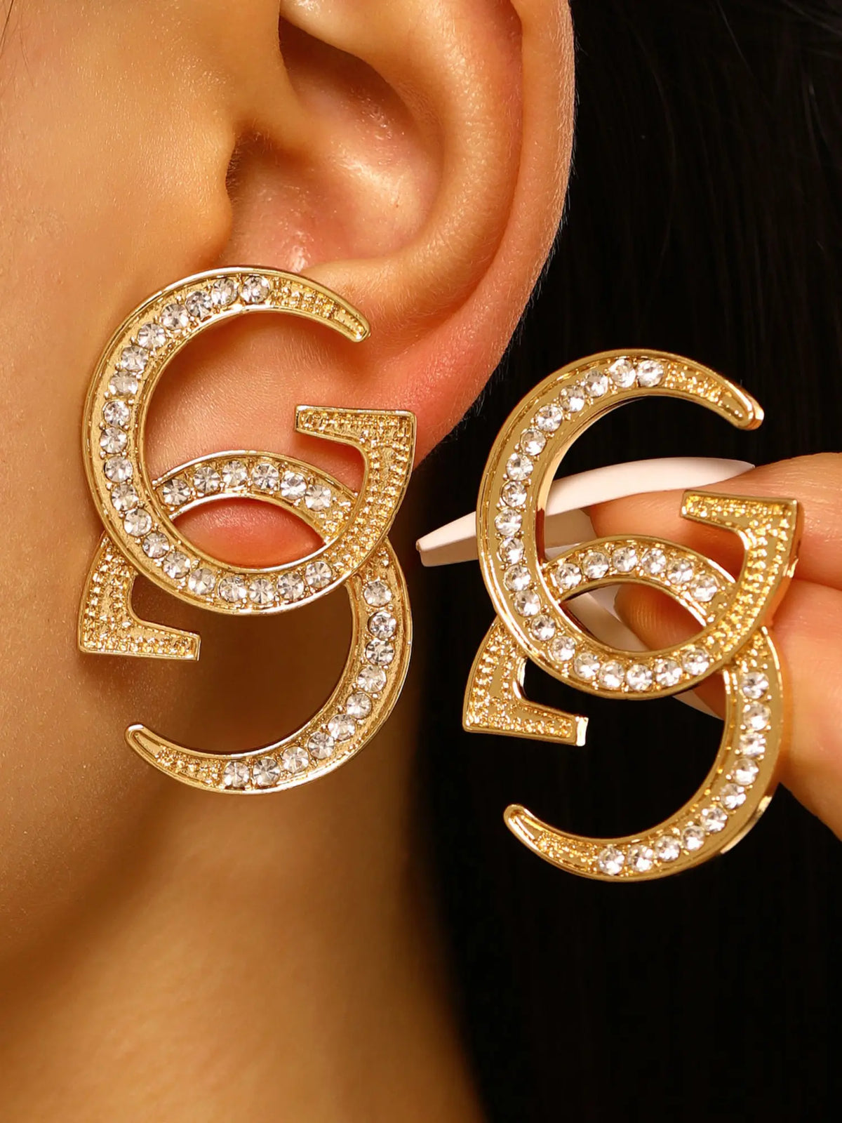 Luxurious Heavy Rhinestone Double G Letter Earrings Studs, Fashionable Earrings, Fashion Jewelry, Bold Large Size, Silver Color &, Vintage Style, Perfect for Parties