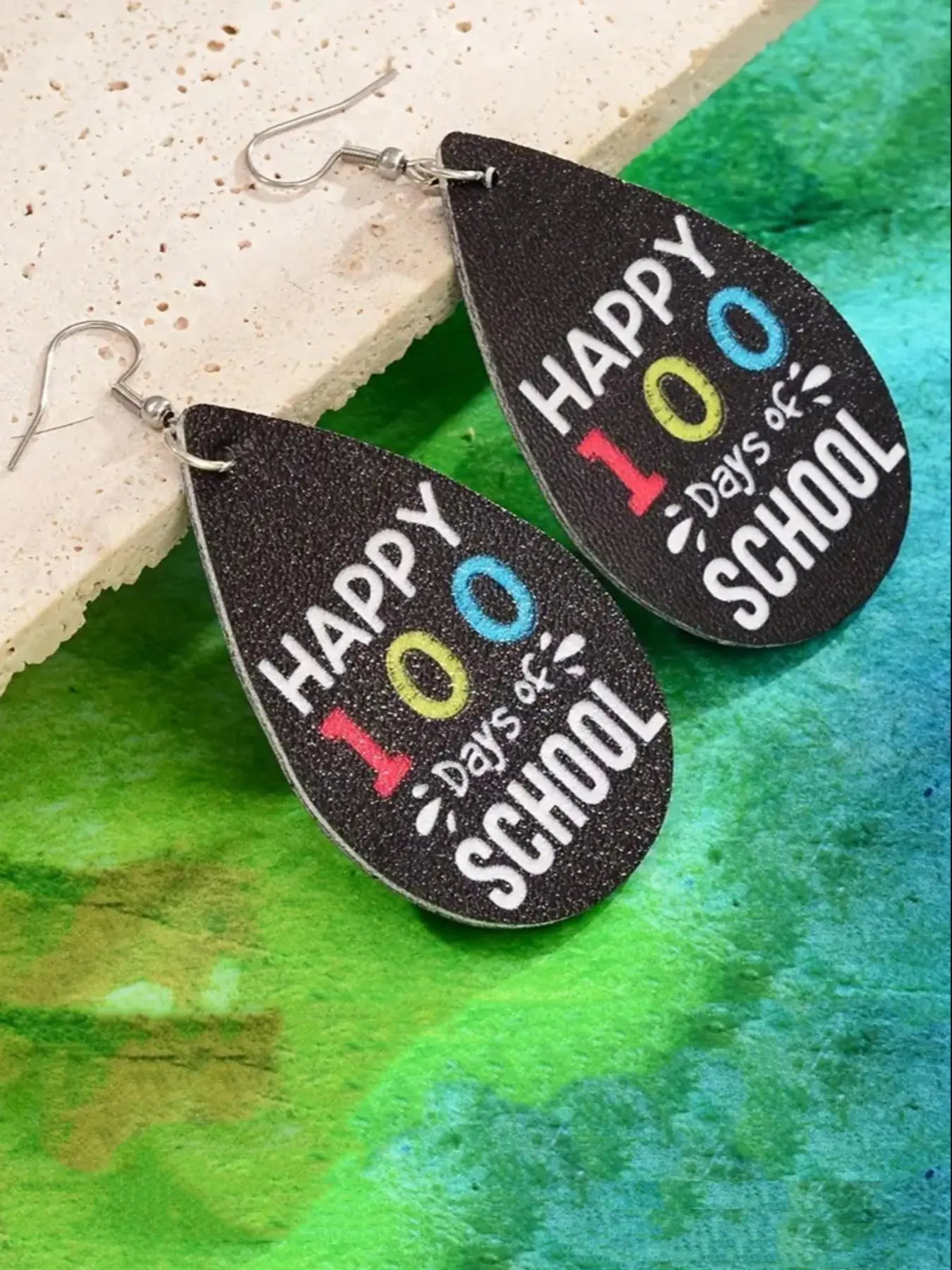 Letter Pattern Microfiber Leather Earrings, Water Drop Shaped Dangle Earrings, Happy 100 Days of School Earrings, Holiday Gift for Women, Casual Trendy Jewelry