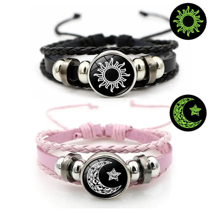 Vintage Punk Sun & Moon Lovers Stackable Cuff Bracelet - Multi-Layer Beaded Woven Band with Glass Accents, Pu Leather, Funky Unique Matching BF and GF Couple Accessory, Anniversary Gift for Her, Stackable Bracelet, Anniversary Gifts For Her,sohochic