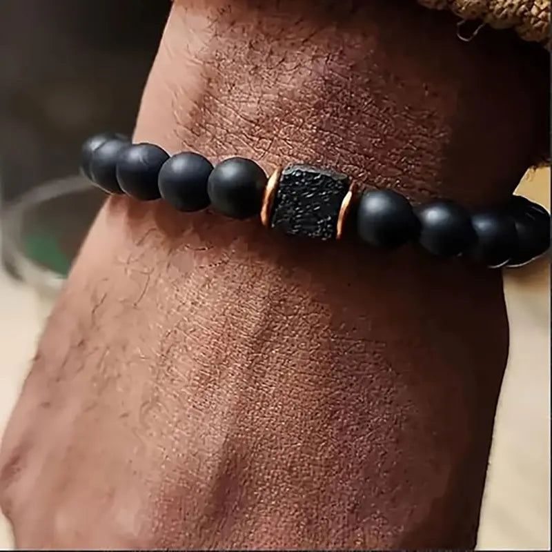 1Pcs Elastic Adjustable Mens Bracelet - 8mm Black Onyx & Lava Stone Beads Bracelets Jewelry  for Men, Beads Charm Bracelet with Elastic Cord, Birthday  for Him Dad Husband gift accessory