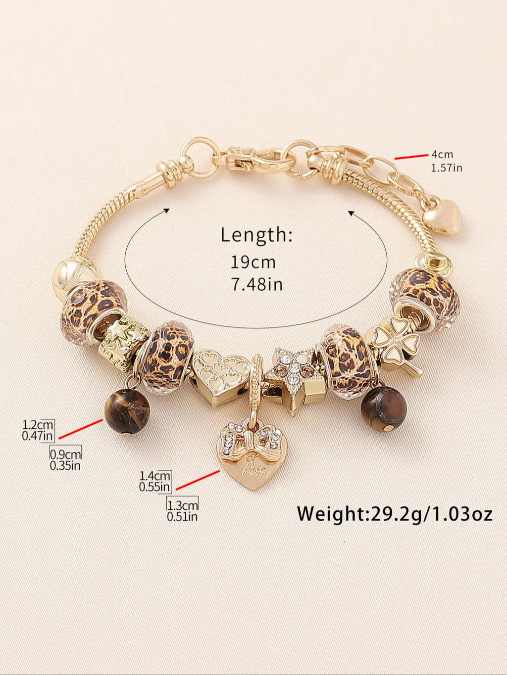 Women's Leopard Print Beaded Bracelet with Bow, Heart, Clover and Tiger Eye Stone, Trendy Fashion Jewelry, Heart Charm Bracelet, Copper Bracelets, Fashionable Bracelet, Perfect for Parties, Nights Out and Daily Wear