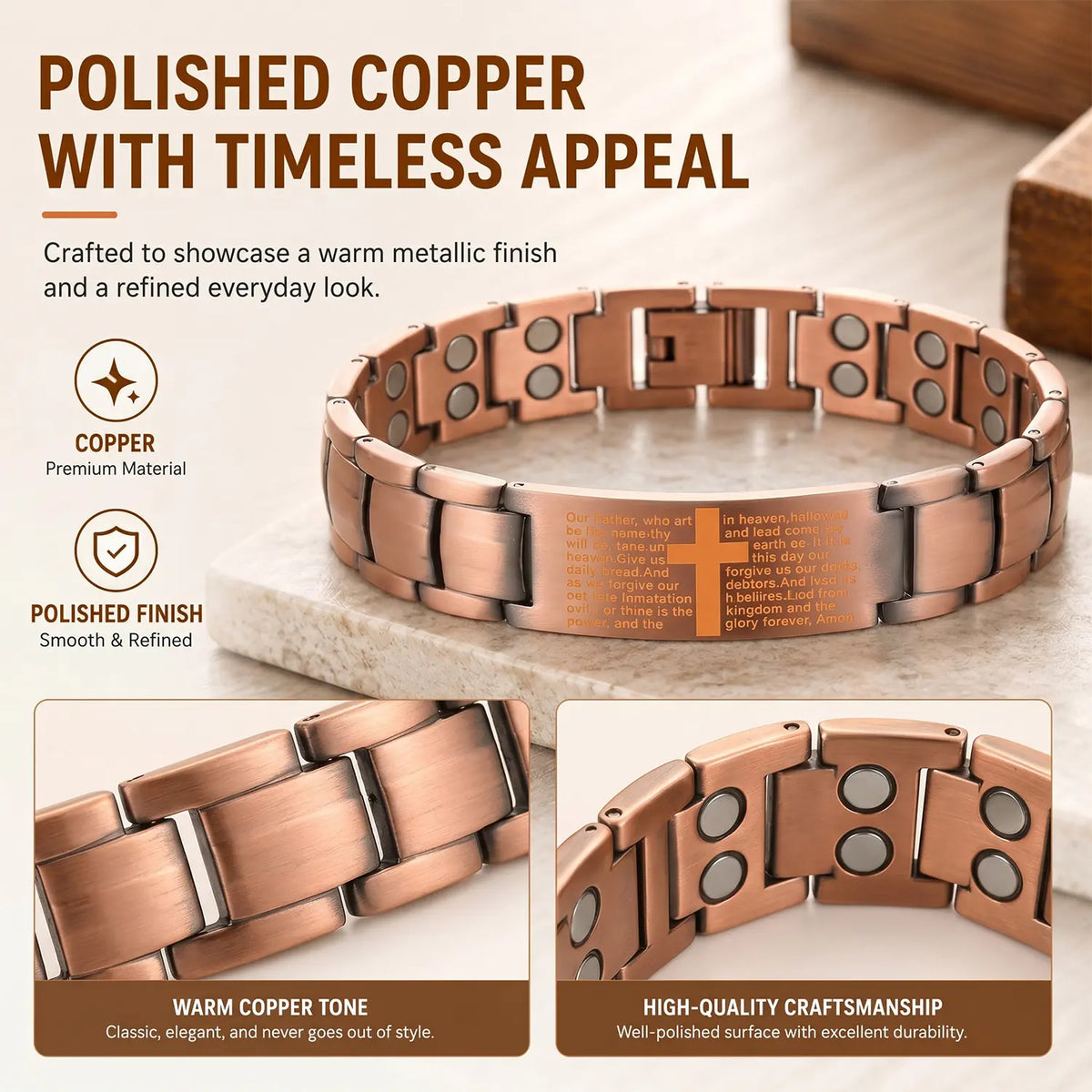 Copper Magnetic Therapy Bracelet for Men & Women - 3X Strong Magnet-Style Bracelets & Bangles with 3500 Gauss Neodymium Magnets, Metal Ring, Adjustable, Static Electricity Elimination, Casual/Formal Magnetic Field Therapy Cross Jewelry,sohochic