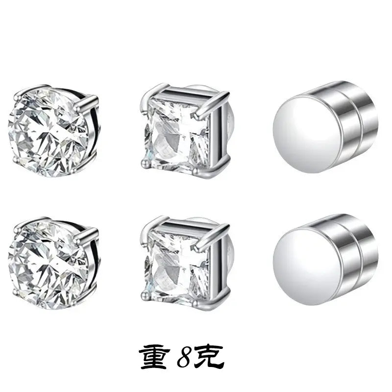 6mm Diameter Sparkling Zircon Look Magnet Studs Earrings - Stainless Steel No Ear Hole Fake Studs, Fashionable Decorative Wear Costume Jewelry Accessories (Note: Choking Hazard Magnets)