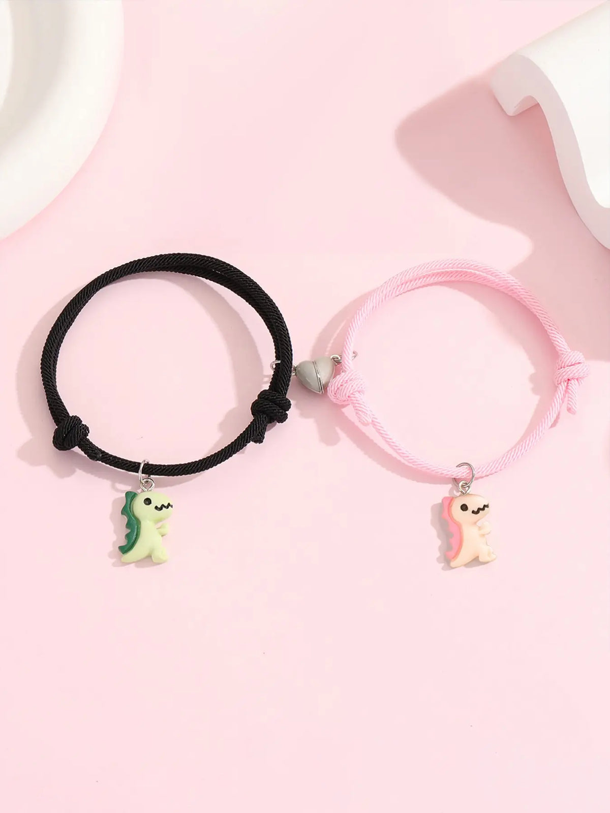 2 Pcs Glow-In-Dark Heart Dinosaur Pendant Couple Matching Bracelet, Cute Handmade Braided Wristband, Valentine's Day Gift, Anniversary Present, Jewelry, Bracelet for Couples