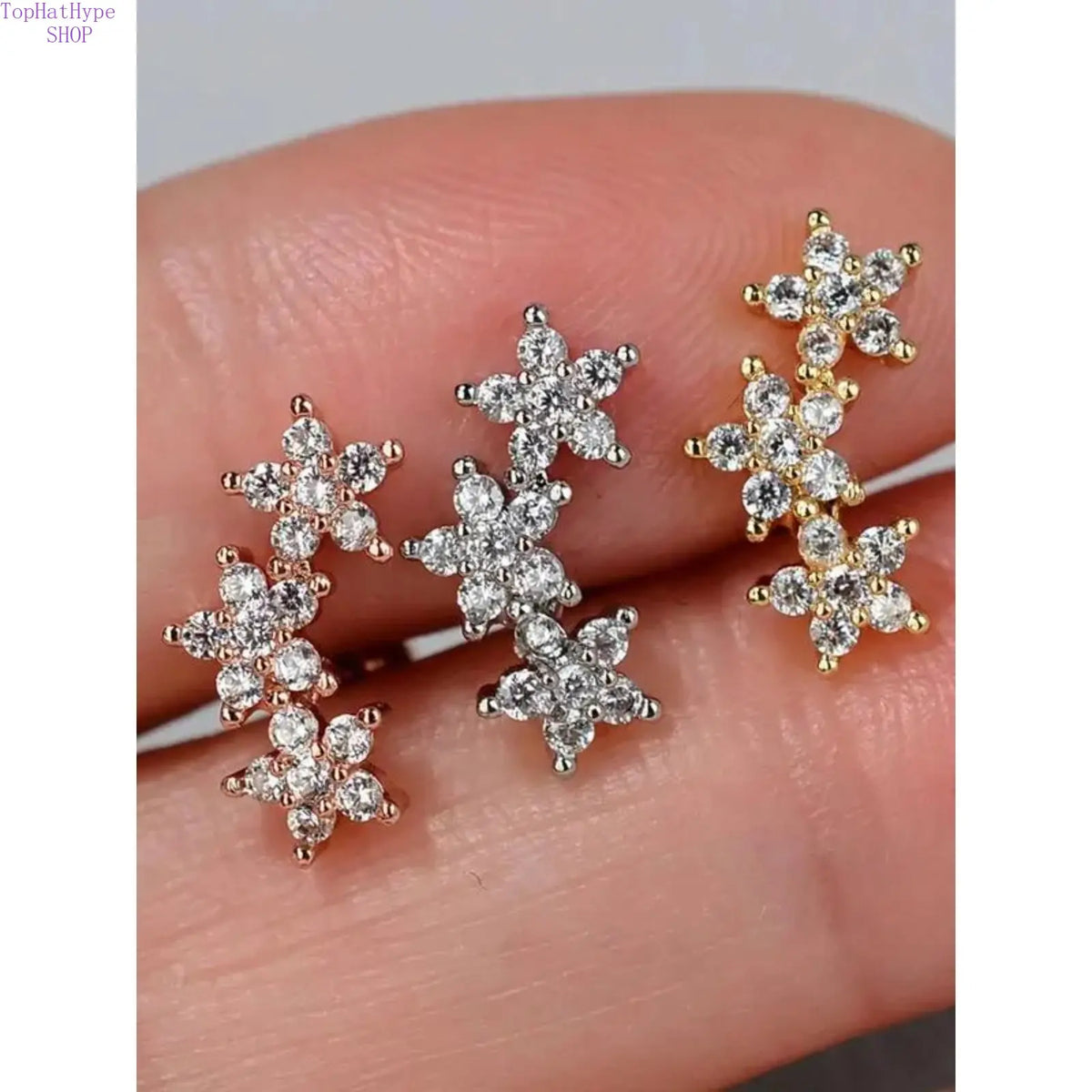Women’s 16G Sparkling 3-Flower Cubic Zirconia Cartilage Stud Earrings, Hypoallergenic Stainless Steel, Dainty Piercing Jewelry for Daith Conch Tragus Helix, Earrings for Women for Daily Wear & Party Occasions,sohochic